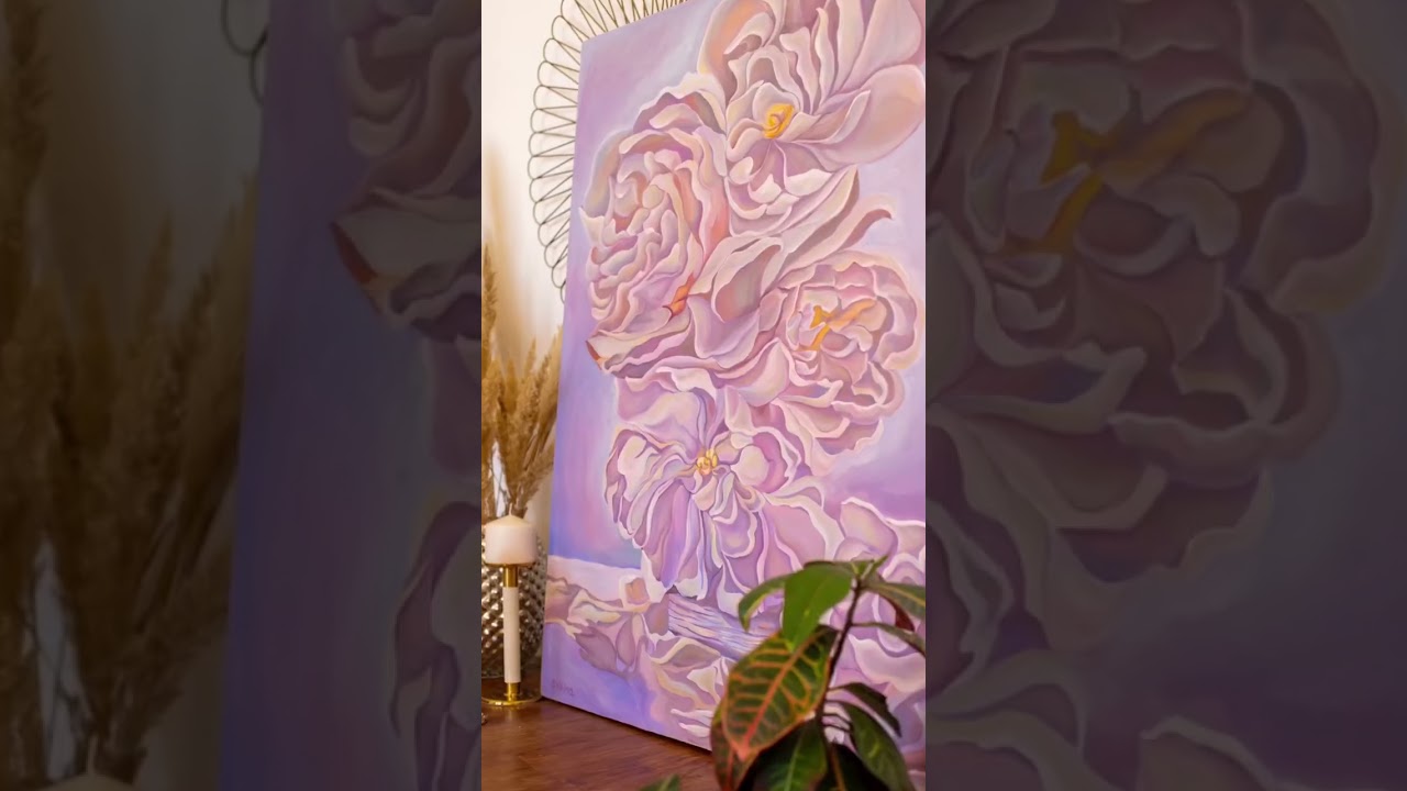 Pearl Bouquet, violet flowers, magic flowers, oversized painting, xxl wall art above the sofa