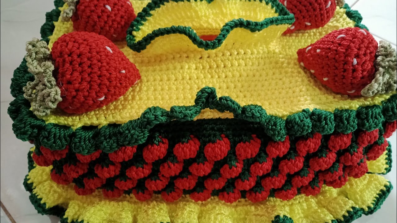 Crochet || Strawberry Tissue box cover. part 2. English available