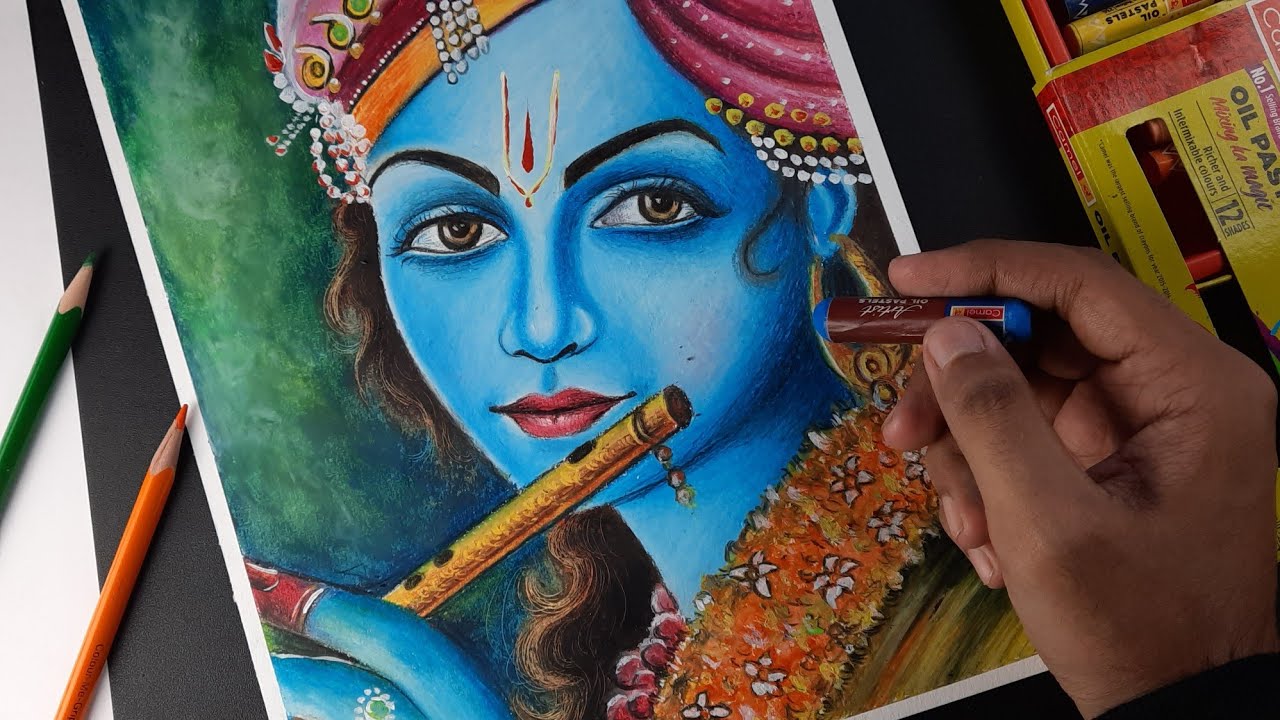 Krishna drawing,  Krishna drawing with oil pastel,  Oil pastel drawing