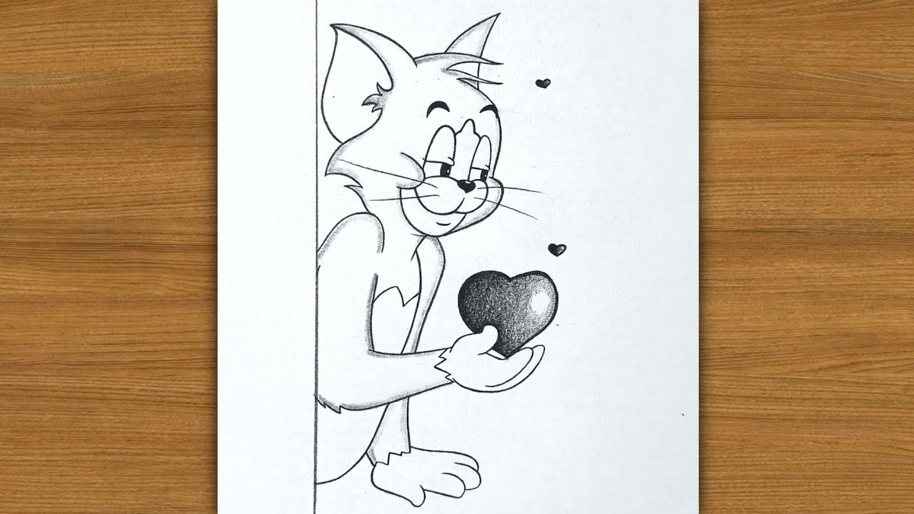 How to draw tom cat with heart | easy drawing | tom and jerry pencil drawing
