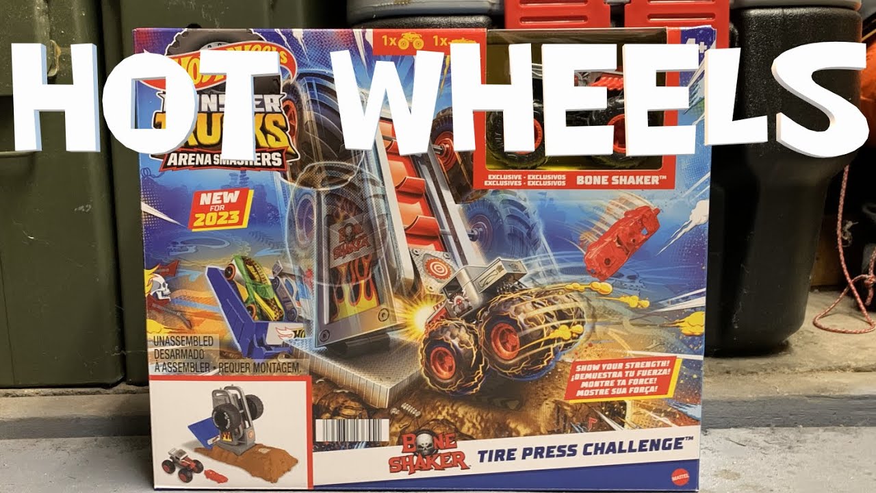 Hot Wheels Monster Trucks Arena Smashers: набор для игры в шиномонтаж Boneshaker Tire Press Chall...