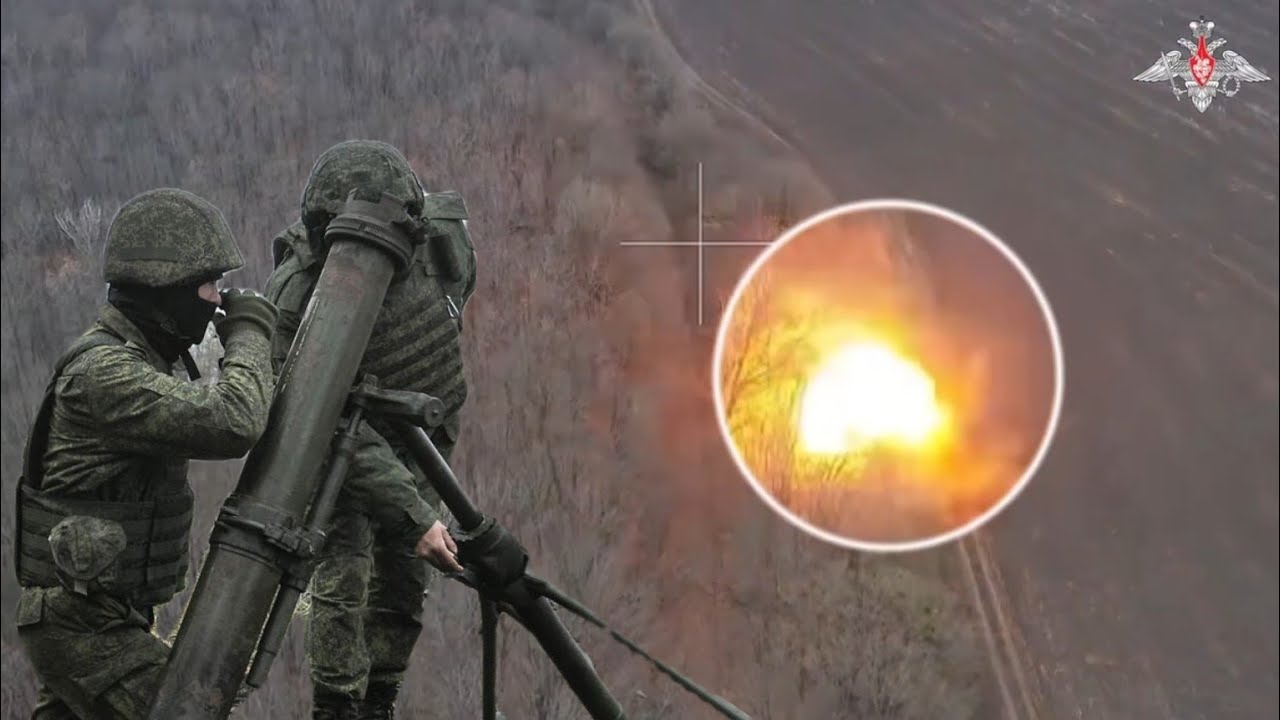 Russian soldiers firing 120mm and 82mm mortars