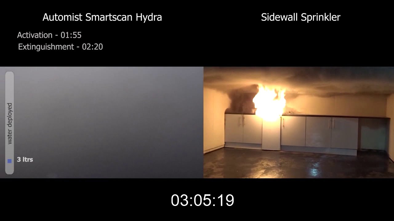 Automist vs traditional fire sprinklers tackling mini fridge fire | watermist system