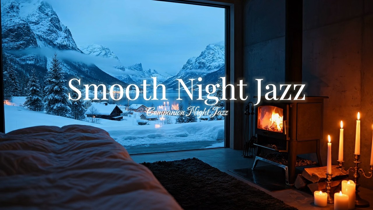 Cozy Fireplace Night Jazz ❄️ Snowy Mountain Window View | Smooth Night Jazz