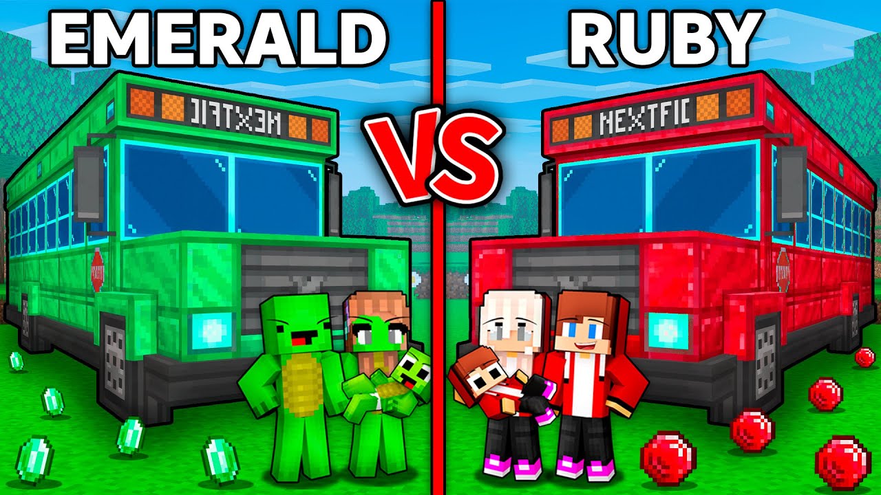 JJ и Mikey: битва семей автобусов EMERALD против RUBY в Minecraft! - Maizen