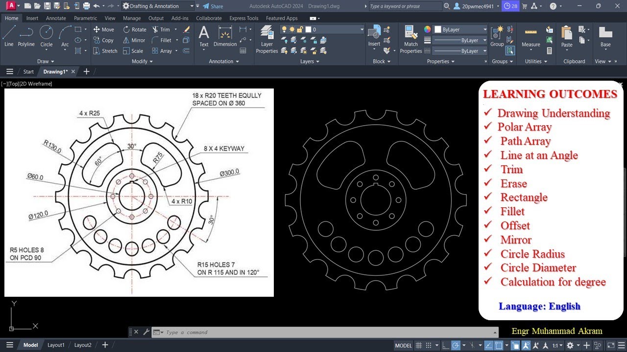 How to Draw a Sprocket Gear in AutoCAD | Full 2D Drawing Tutorial | Step by Step Explanation