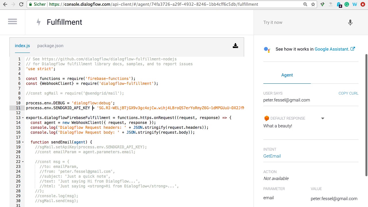 Dialogflow Chatbot - How to Send an Email from your Fulfilment via Sendgrid