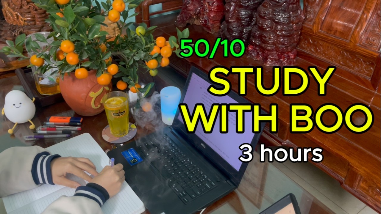 #155 🌙 3 HOURS STUDY WITH ME 🍵  Late Night  Pomodoro 50-10  Real Time  Ambient Sound