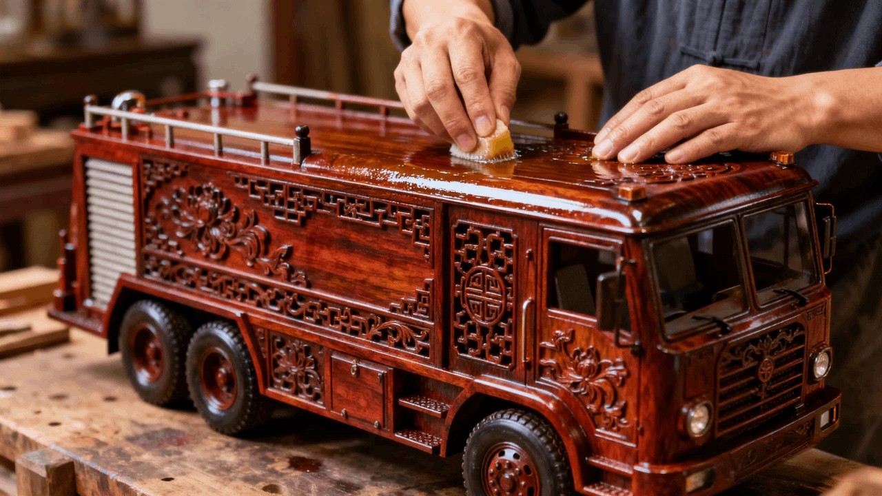 Rural grandfather builds mortise and tenon fire truck with hundreds of parts