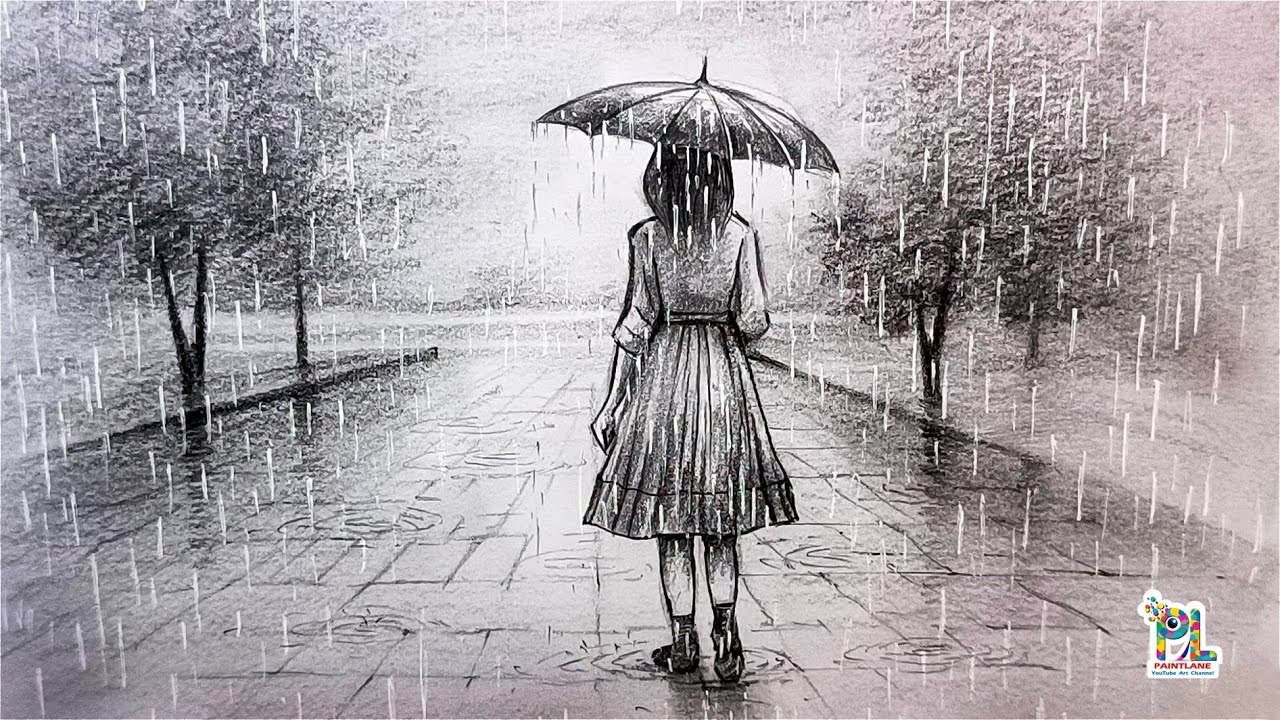 How to draw Girl with Umbrella in Rainy Season by Pencil