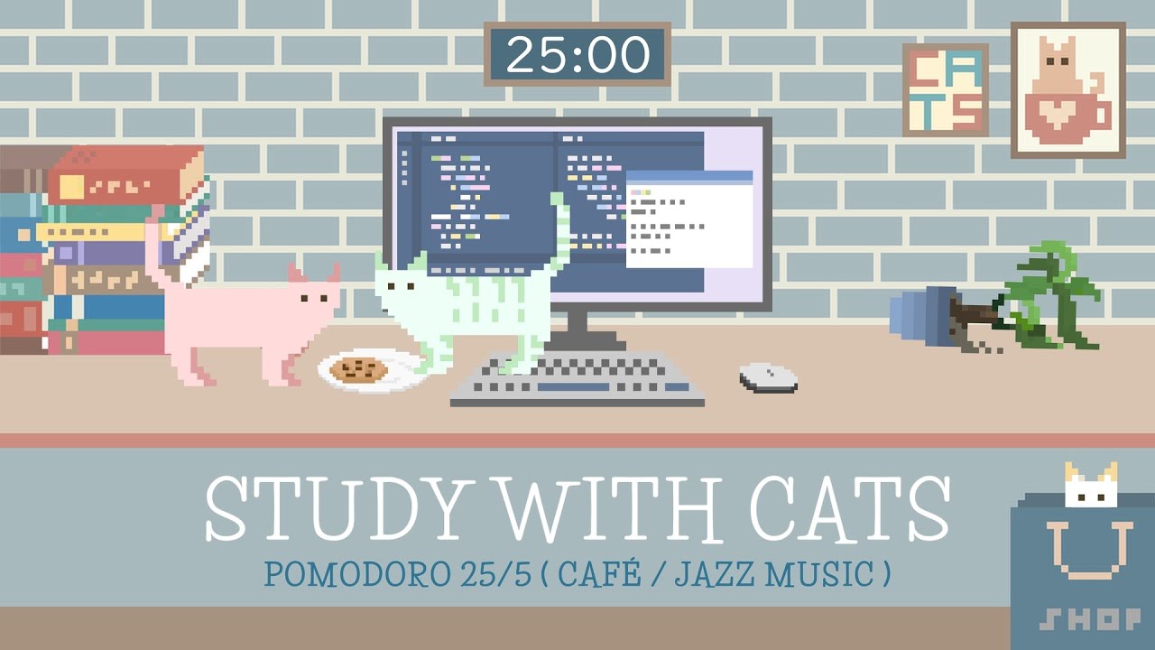 Study with Cats 🐈 Pomodoro Timer 25/5 | Relaxing study/work session with Caf&eacute;/Jazz bgm💙