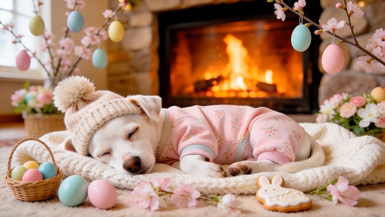 Cute Puppy Sleeping by Easter Fireplace 🐣🔥 Cozy Spring Ambience in stunning.