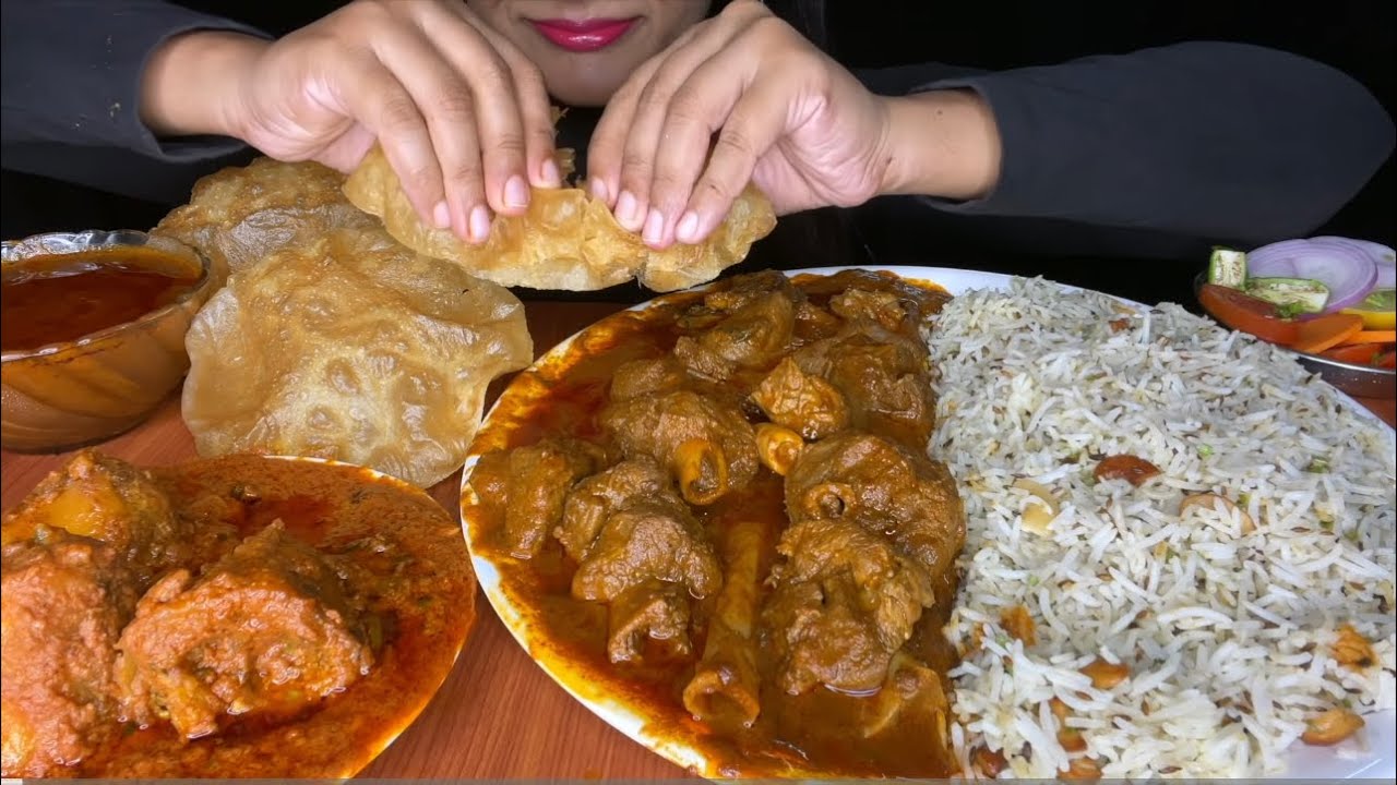 ASMR:SPICY MUTTON CURRY+POORI+DUM ALOO+JEERA RICE+SALAD *BIG BITES* MESSY EATING l FOOD VIDEOS l
