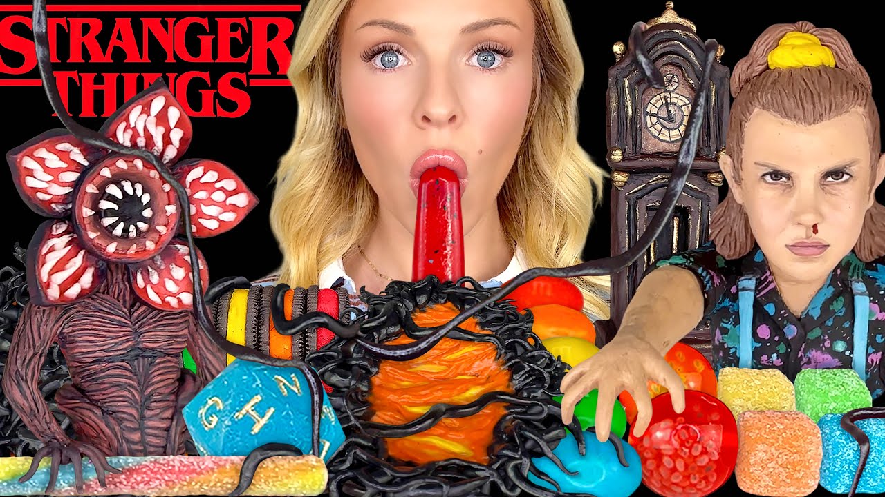 ASMR MUKBANG, Stranger Things, Eleven, Demogorgon, Edible Vecna Clock, Black Jelly JubJub, Oreos 먹방