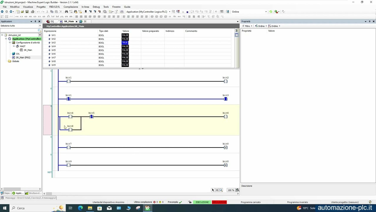 Semplice programma ladder in EcoStruxure Machine Expert per PLC Modicon: istruzioni a bit