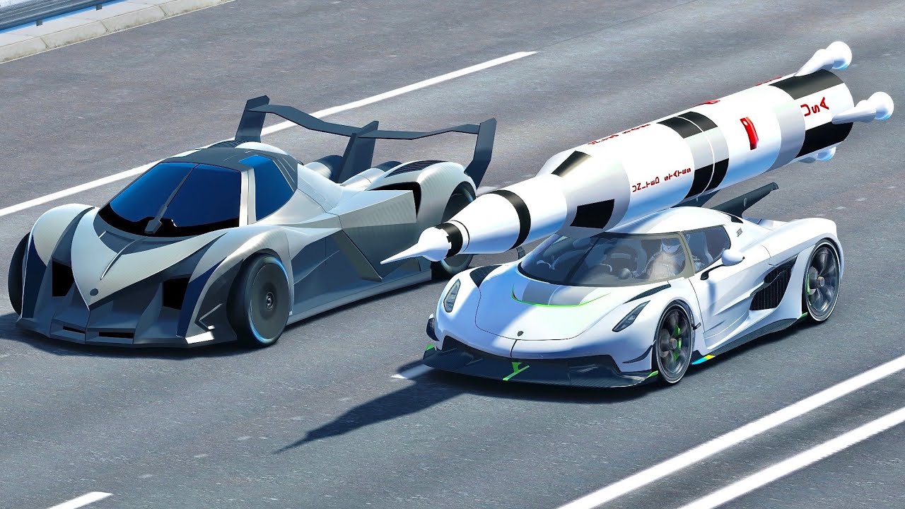 Koenigsegg Jesko with Saturn V Rocket Engine vs Devel Sixteen 2014 - Drag Race 20 KM