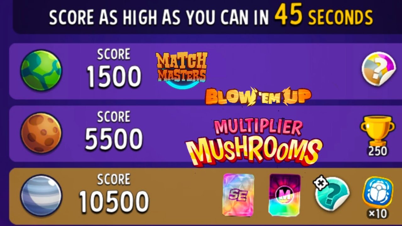 Multiplier mushroom solo challenge cosmic rush blow em up 45 second 10500 score solo challenge .