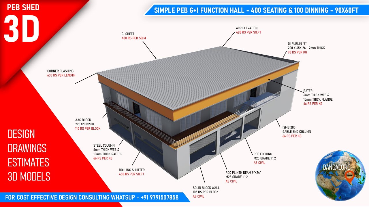 400 Seating & 100 Dining G+1 Marriage hall complete design drawings and estimate - Simple Truss Work