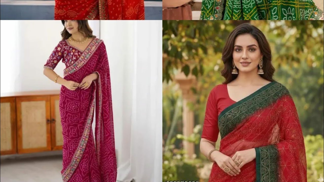 Women's Bandhani Print Saree with Embroidered Border & Unstitched Blouse