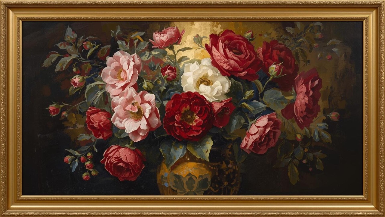 Timeless Roses in Golden Frame | Luxury Floral Wall Art for Relaxing Spaces (4K Calm Art TV)