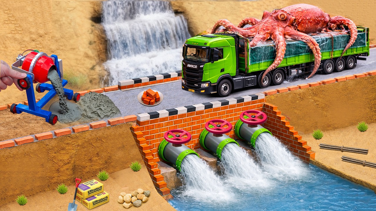 DIY Mini Tractor Builds a Brick and Cement Bridge After the Storm | Science Project