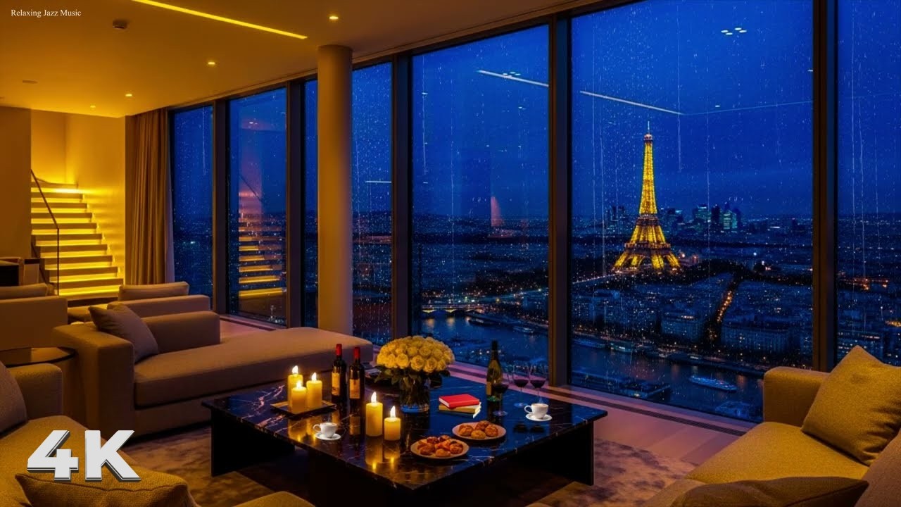 Rainy Night Jazz in Luxury Paris Penthouse 🌧️ Smooth Piano & Sax for Deep Sleep