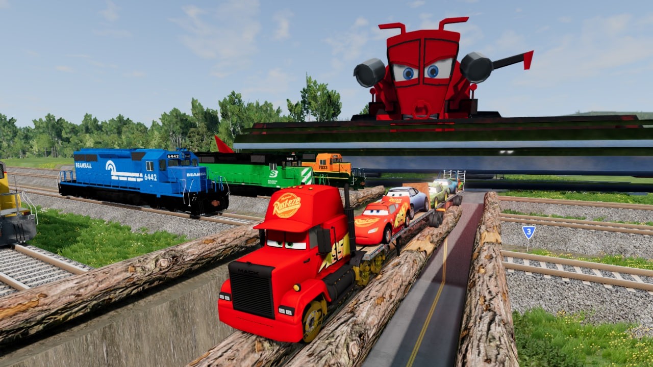 Triple Flatbed Trailer McQueen Transportation with Truck - Speedbumps vs Cars vs Train -BeamNG #2026