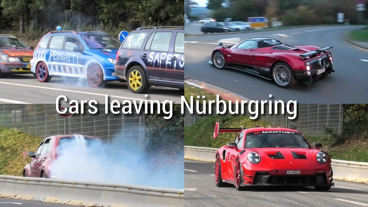 Cars leaving N&uuml;rburgring Tankstelle - DRIFTS, LOUD Cars, Pagani Zonda, BMW M, AMG