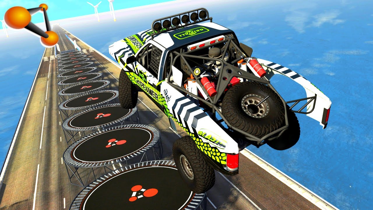 BeamNG.drive - Vehicles Jumping From A Ramp To A giant Springboard