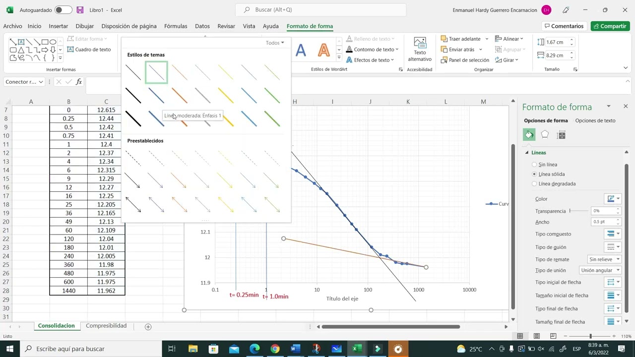 Calculo de t50 y Pc´ en curva de consolidación y Compresibilidad.