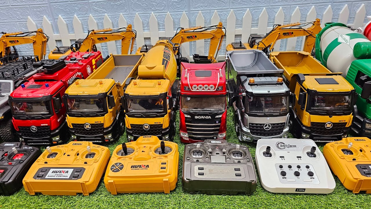 Rc mixer truck huina 1574, rc dump truck E 590, trailer, excavator, truk molen, pemadam, rc truck