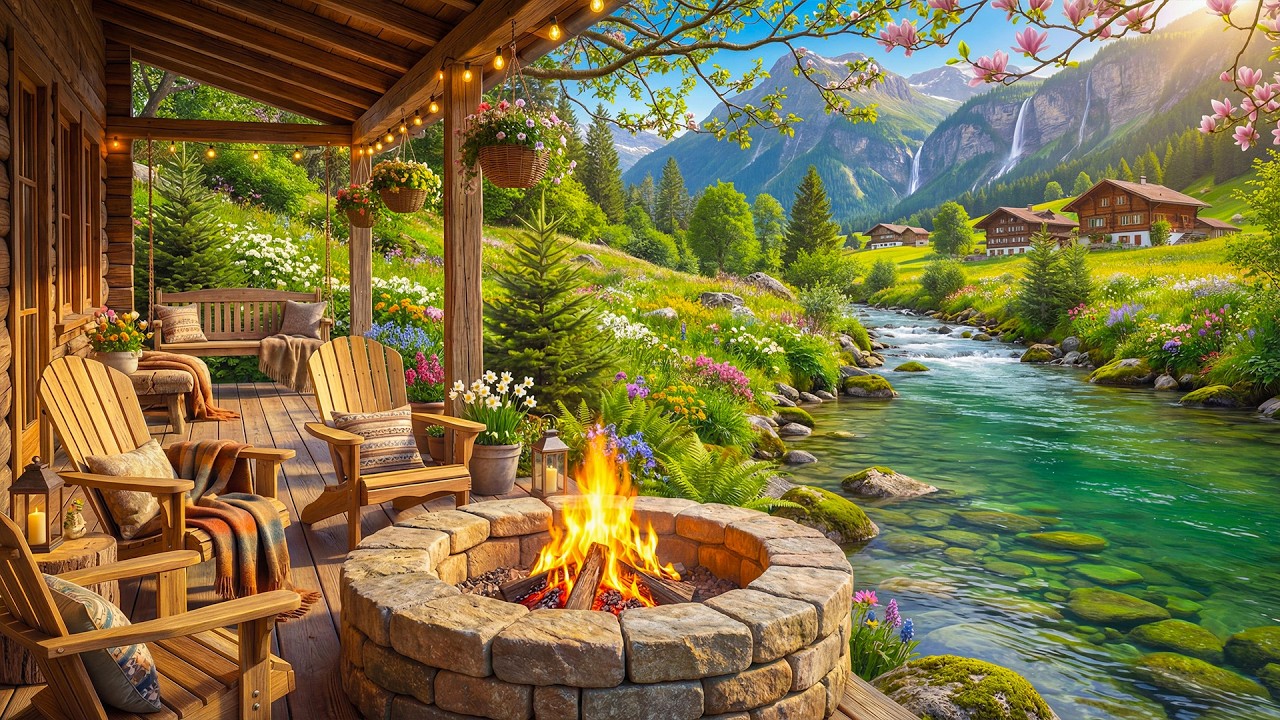 Cozy Spring Riverside Cabin Ambience 🌸🔥 Flowing River, Birds & Cozy Fire Pit for Meditation