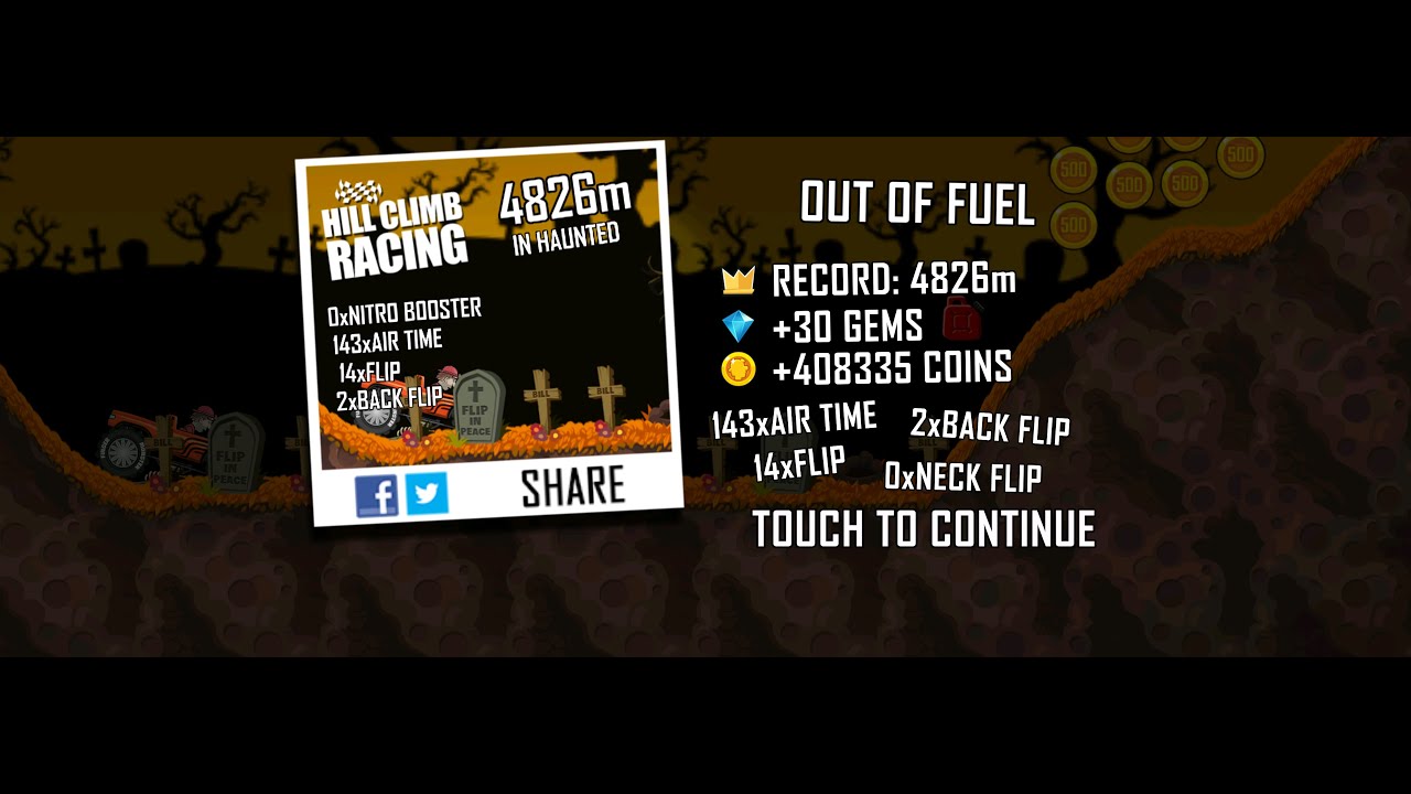 Hill Climb Racing: 4826m in Haunted on Monster Truck (no boosters, no pets)