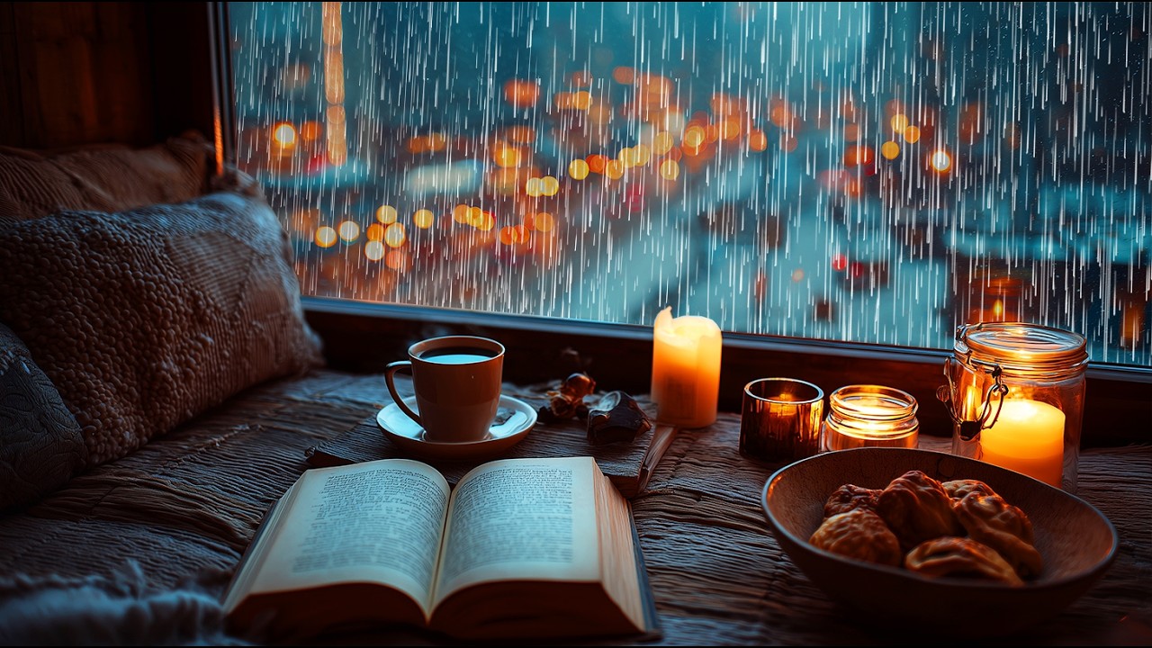 Relaxing Jazz Music by the Rainy Window – Cozy Coffee and Candlelight Night Ambience