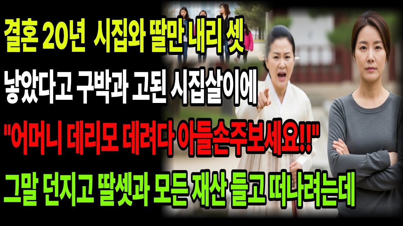 결혼 20년 시집와 딸만 내리 셋낳았다고 구박과 고된 시집살이에 어머니 데리모 데려다아들 손주보세요 그말 던지고 딸셋과 모든 재산 들고 떠나려는데