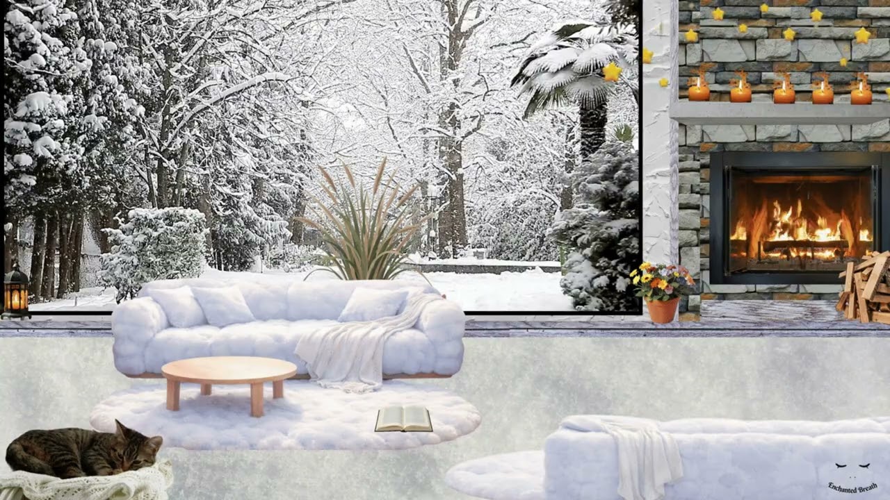 Winter Serenity ❄️🔥 | Fireplace, Snowfall, Sacred Calm & a Sleeping Cat