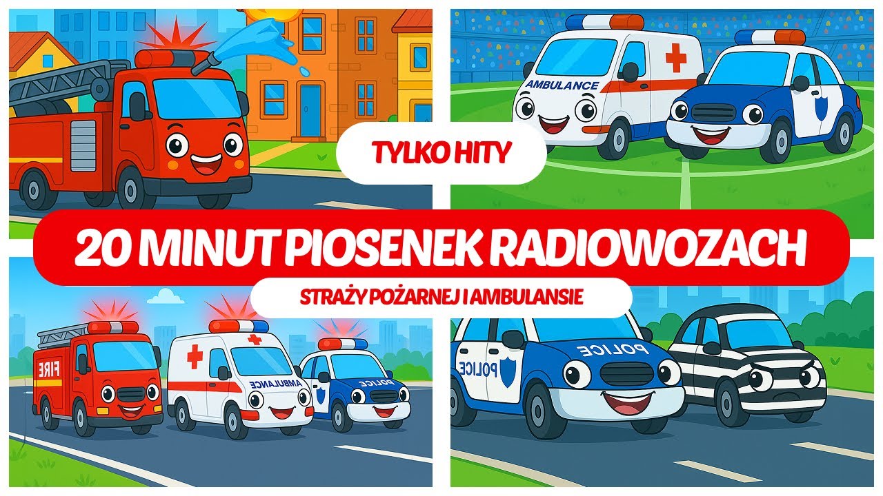 20 MINUT 🚓🚒🚑 Piosenki o Radiowozach, Straży Pożarnej i Karetce -  Składanka dla Dzieci