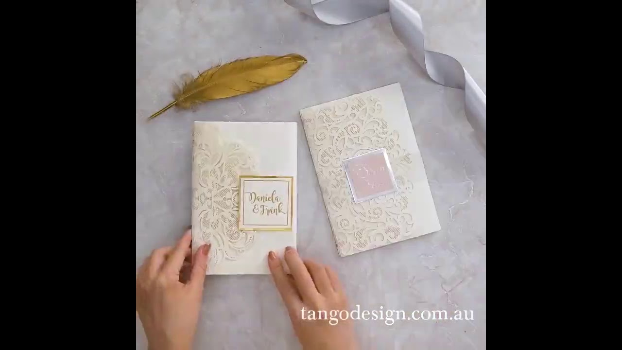 Wedding invitations online, Australia. Pocket ivory invite set and wedding cards
