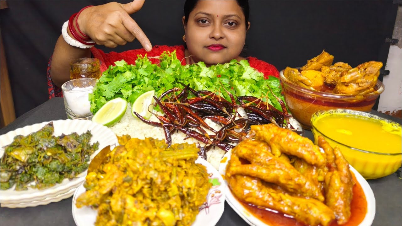 ASMR RICE DAL DHANIYA CHILLI BHORTA SPICY CHICKEN FEET CURRY DESI CHICKEN CURRY MIX VEG  EATING 