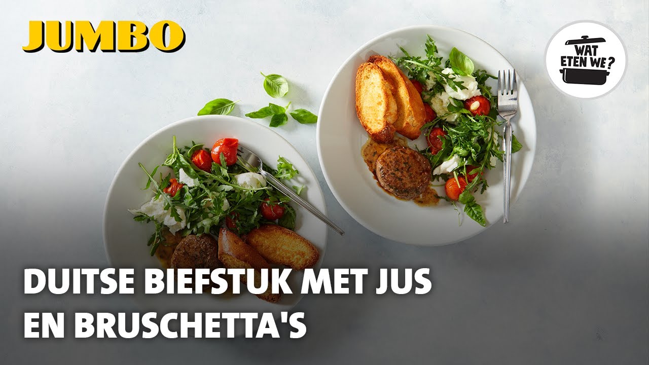 Wat eten we? Duitse biefstuk met jus en bruschetta's