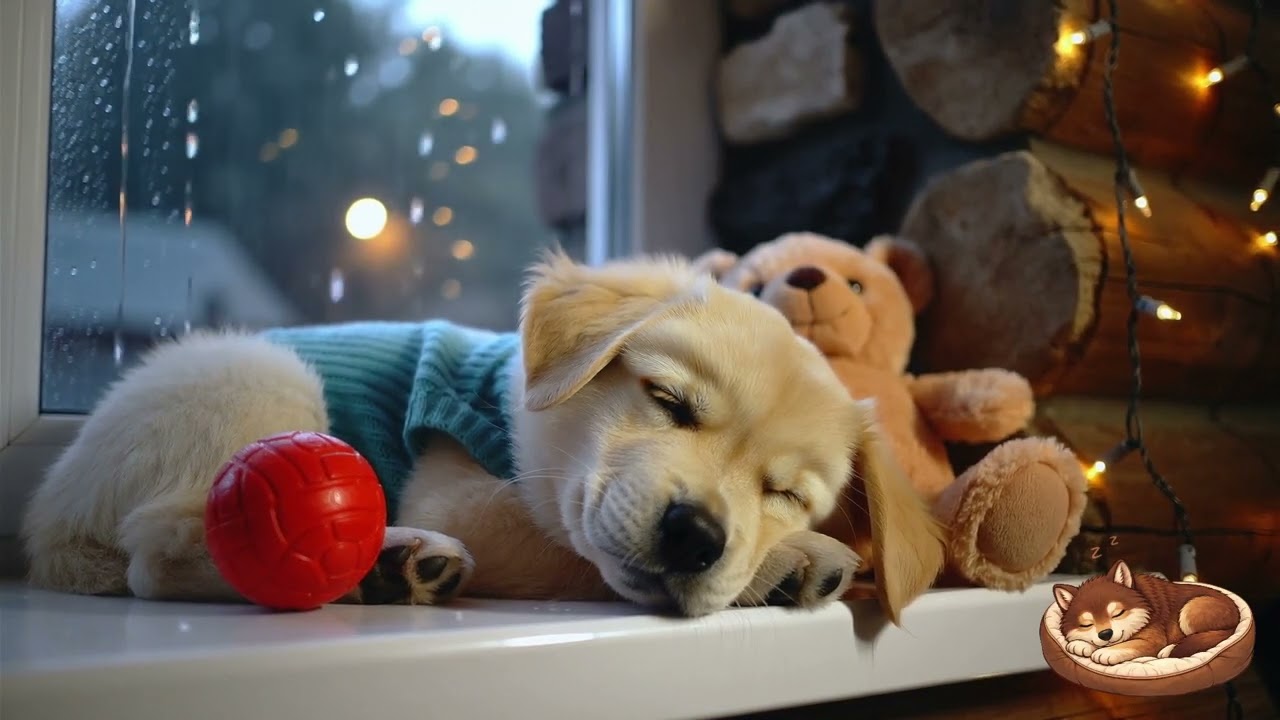 Dog Sleeping by Window with Rain & Fairy Lights 🐶✨ 8 Hours Calm Music for Separation Anxiety