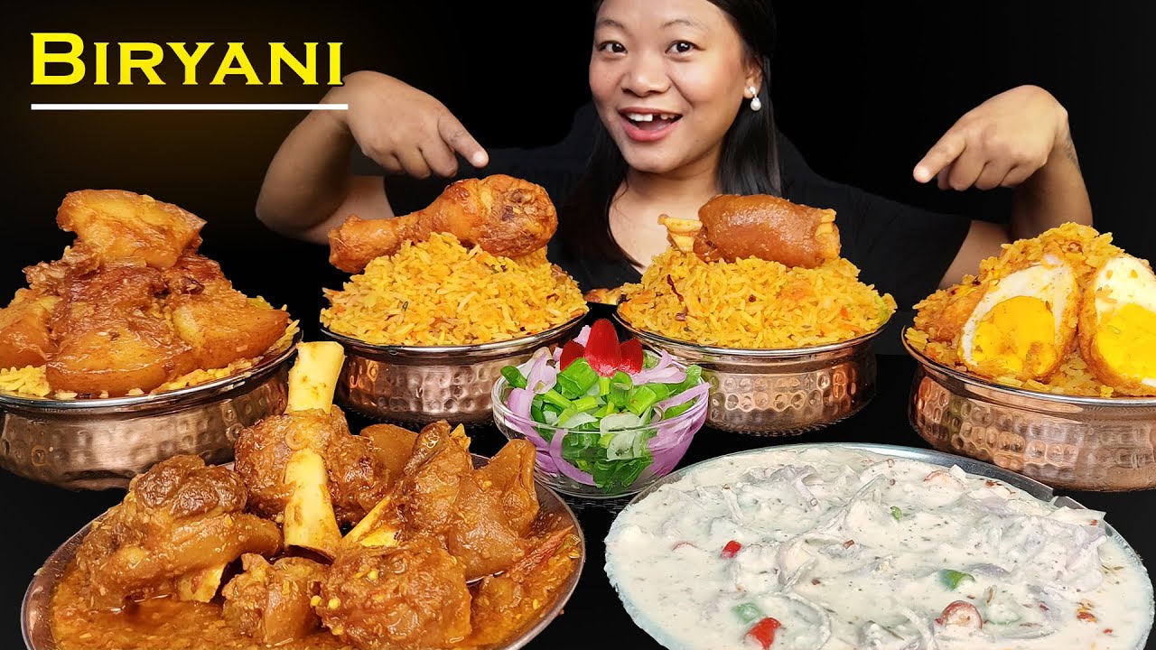 Eating Spicy Mutton Gravy & Raita With Different Types Of Biryani, Pork Chicken Egg & Mutton Biryani