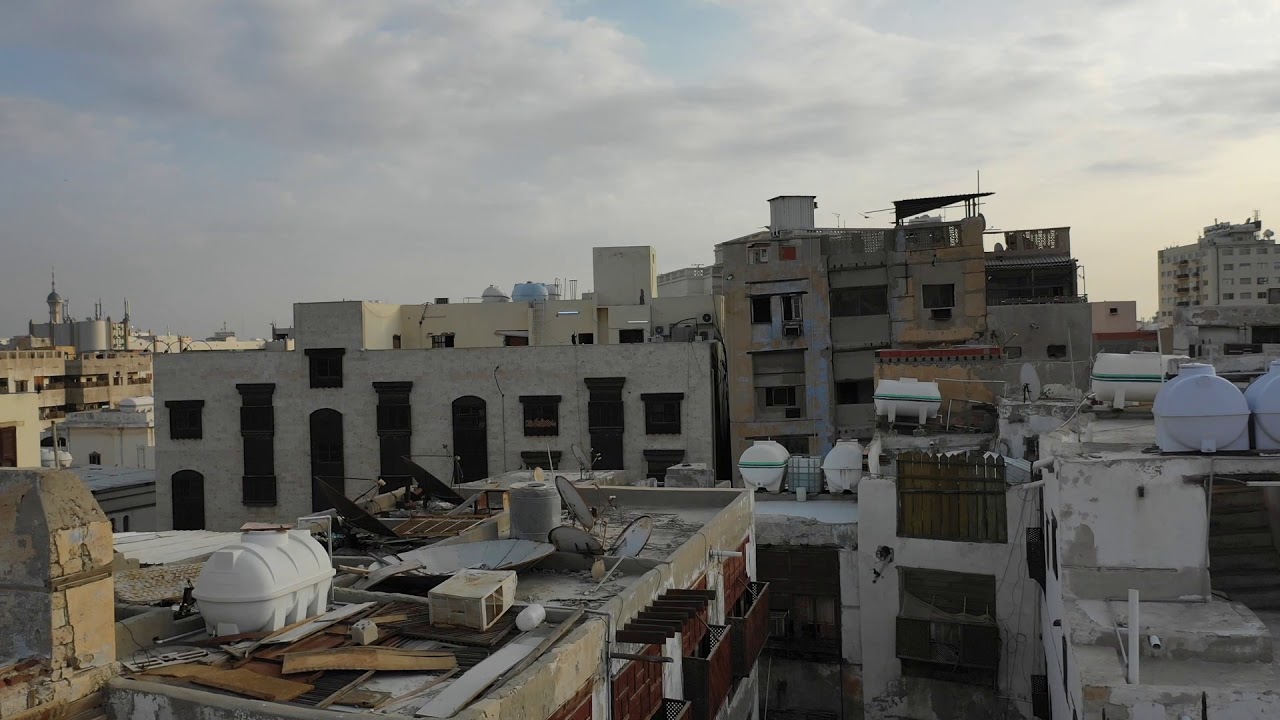 4K Aerial view of old houses with mashrabiyas in al-Balad, Jeddah, Saudi Arabia