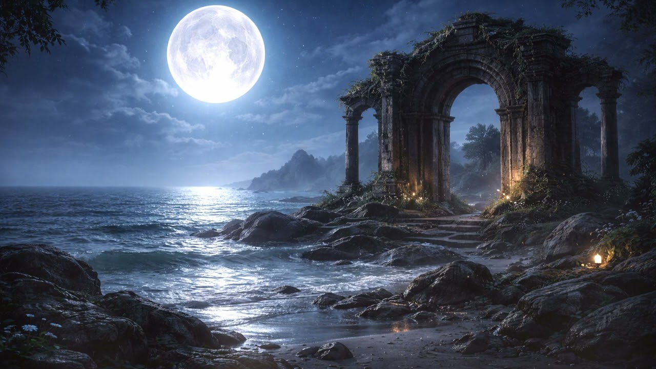 Moonlit Ruins by the Sea 🌙 8 Hours of Ocean & Ancient Ambience | Relaxing Night Soundscape