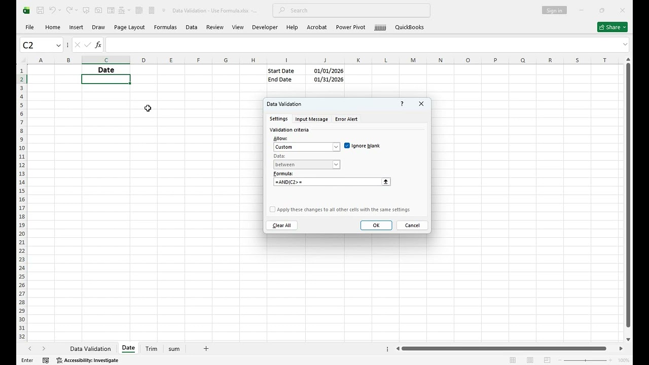 شرح مثال  - Data Validation Formula   date   Sum