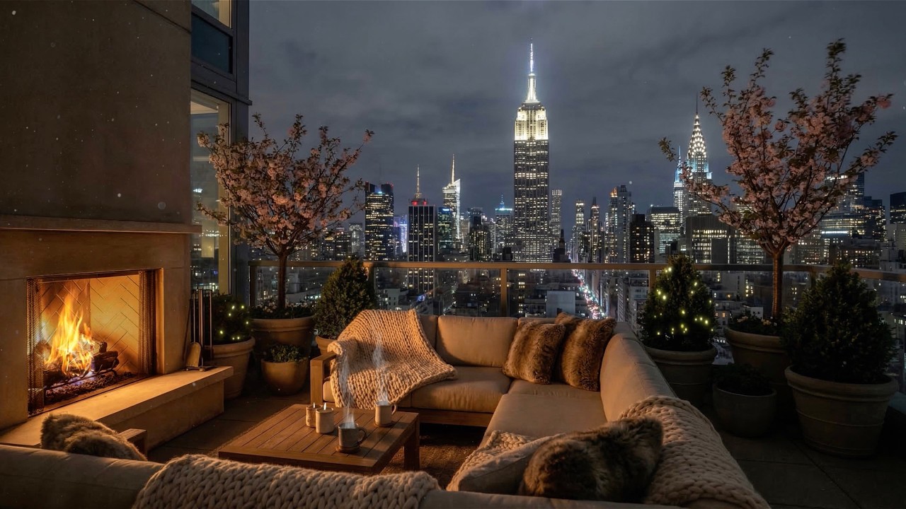 Spring New York City Balcony Ambience at Night to Sleep, Unwind, Work 😴🌸🌿 (Cricket, Fireplace Sound)