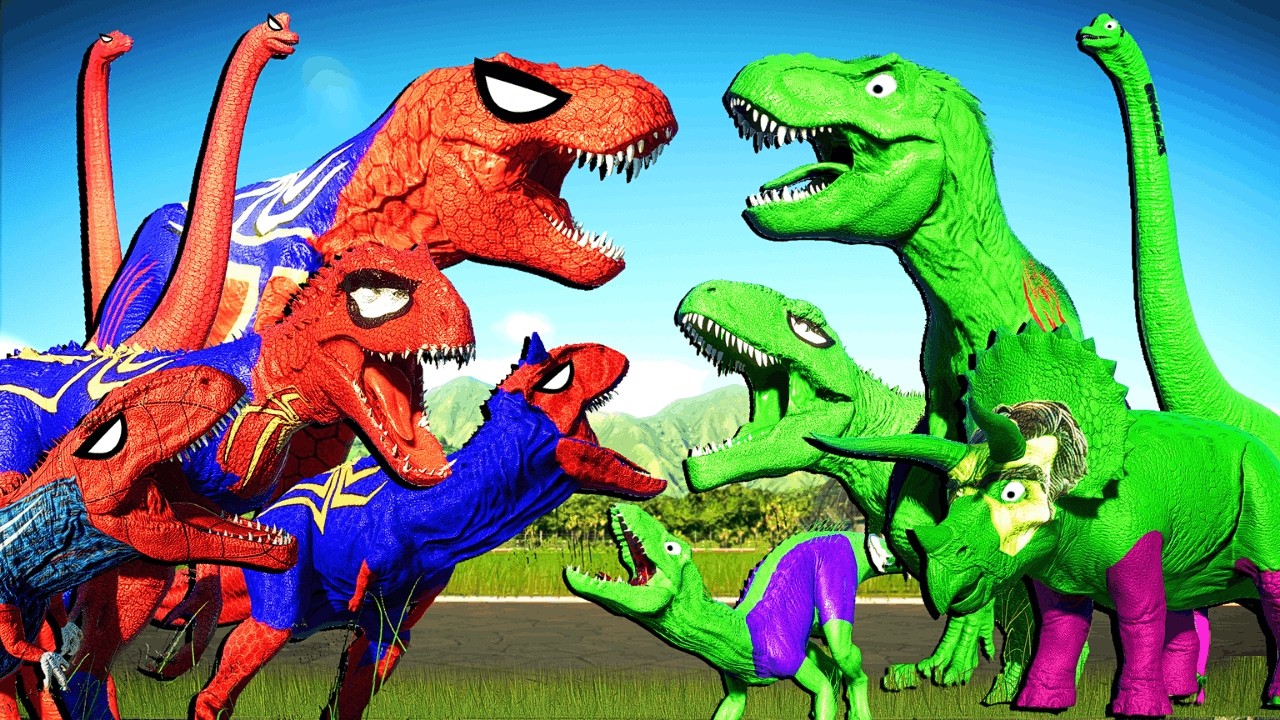 Two Team Epic Dinosaurs Battle in Jurassic World , Team Spider vs TRex Team Dinosaur