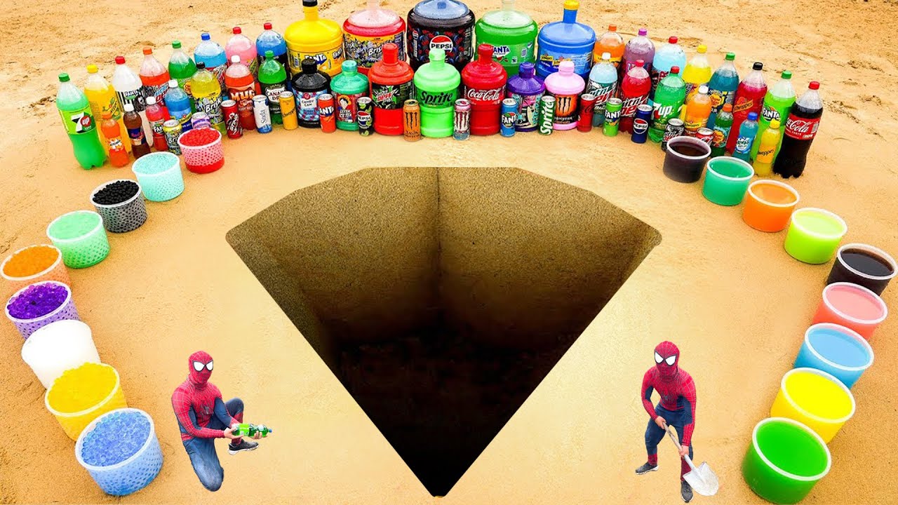 How to make Diamond Hole with Cement, Giant Mtn Dew, Fanta, Monster, 7up, Big Coca Cola vs Mentos