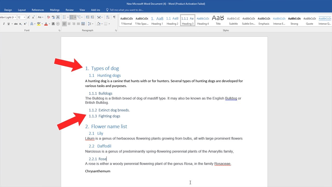 How to create multilevel numbered headings in word