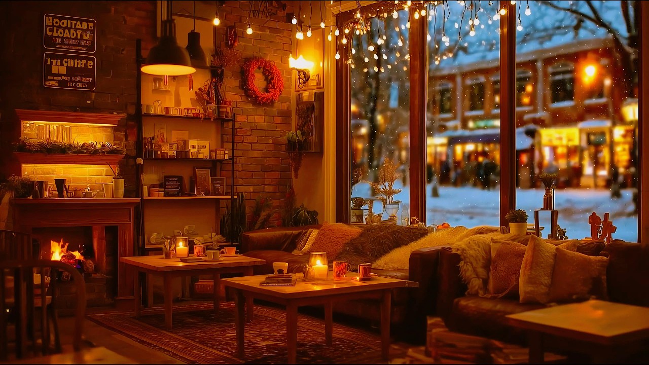 Winter Coffee Shop Ambience - Relaxing Jazz Piano & Fireplace Sounds for Study, Work & Chill